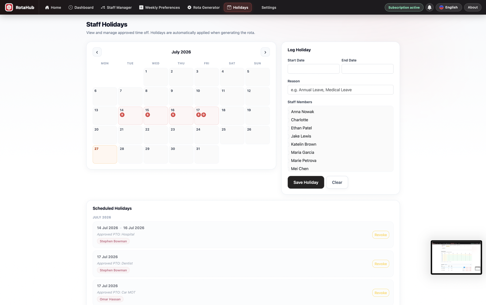 Desktop app — Staff Holidays