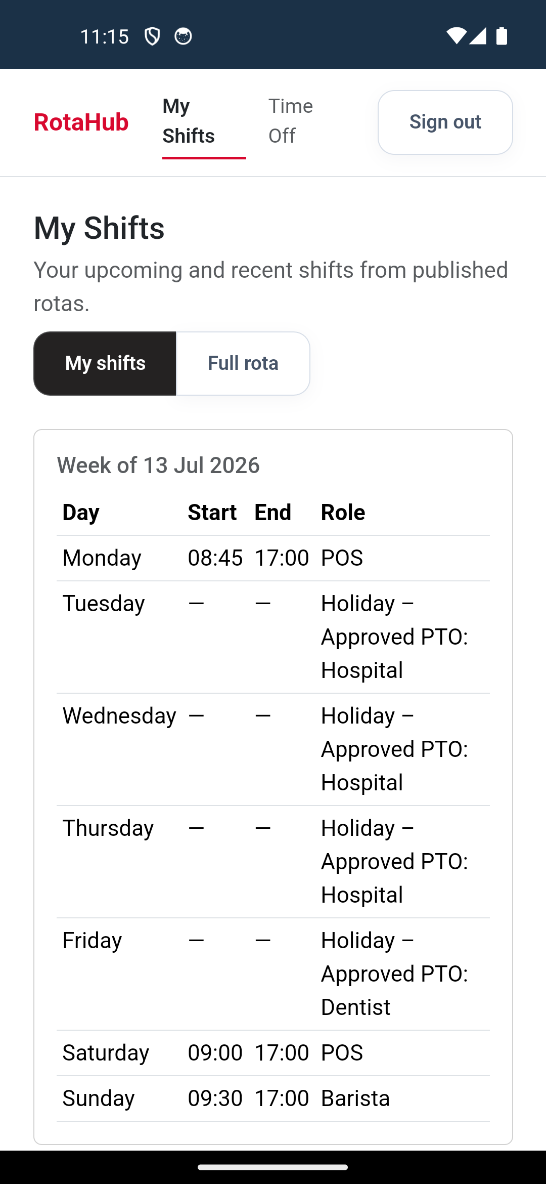 RotaHub mobile app — My Shifts