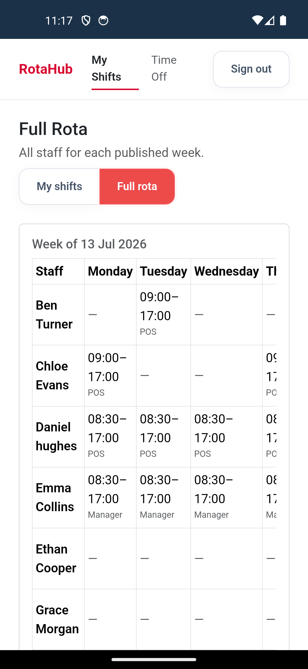 Mobile app — full rota grid